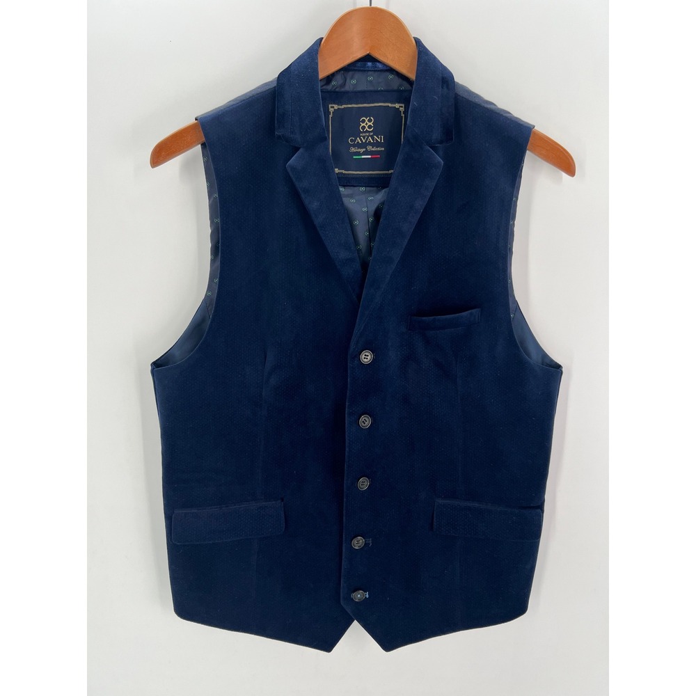 House of Cavani Mens Navy Blue Velvet Waistcoat Vest Notched Lapel UK 38 EU 48